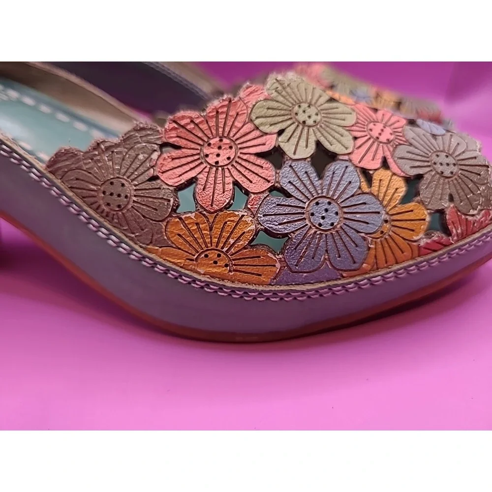L'Artiste AVNIA Sandals Blue Multi Floral Hand Painted Peep Toe Heels 39 - Picture 7 of 12